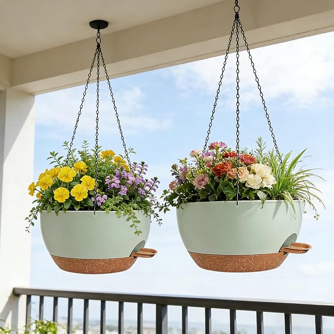 2 Pack 12 Inch Self Watering Hanging Planters for Indoor Plants, Large Green Brown Plastic Hanging Pots with Chains for Outdoor Patio Garden Home Decor Green Brown
