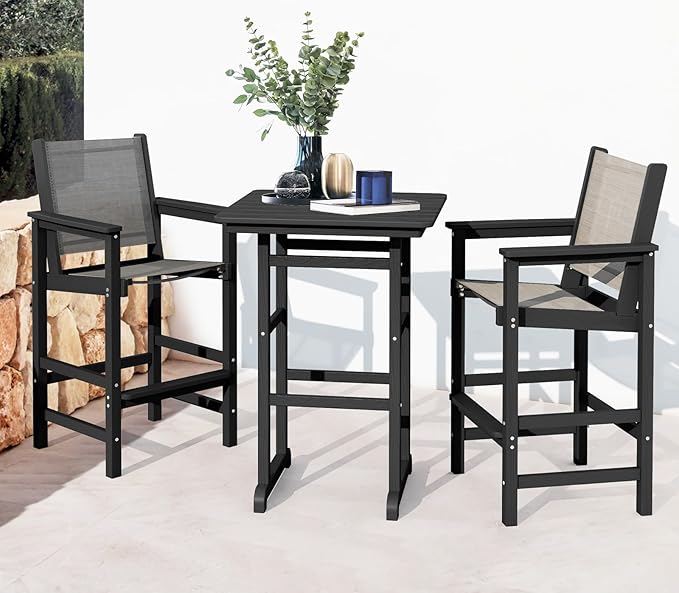 SERWALL Textilene Adirondack Bar Chairs Set of 2, Tall Adirondack Bar Height Chairs, Sling Balcony Adirondack Chairs, Weather Resistance Resin Outdoor Bar Height Stools, Black