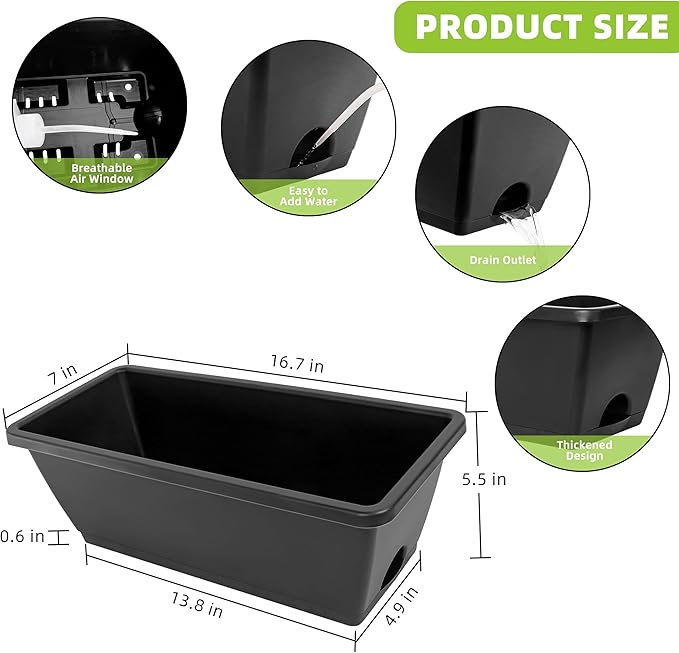 Window Box Planter, 12 Pack Plastic Vegetable Flower Planters Boxes 17 Inches Rectangular Flower Pots with Saucers for Indoor Outdoor Garden, Patio, Home Decor (Brick RED) (Dark Grey)