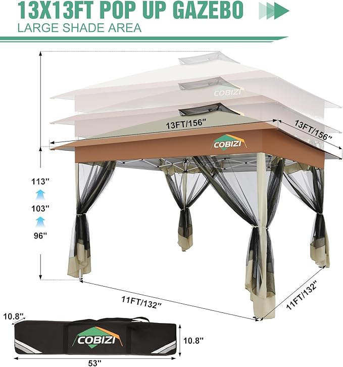COBIZI Gazebo 13x13 Pop Up Canopy, Gazebos on Clearance - Canopy Tent with Mosquito Netting for Lawn, Garden, Backyard & Patio - Carpas para Patio- Water Resistant and UPF50+ (Khaki)