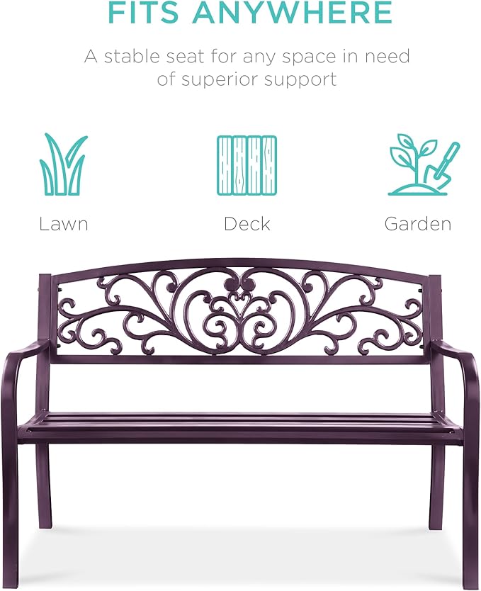 Best Choice Products Outdoor Bench Steel Garden Patio Porch Furniture for Lawn, Park, Deck w/Floral Design Backrest, Slatted Seat - Purple