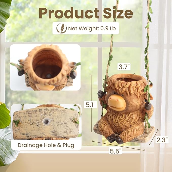 Swing Highland Cow Hanging Planters for Indoor Plants, Cute Small Planter Pot for Indoor Outdoor Plants, Succulent Pots with Drainage Hole, Unique Funny Hanging Plant Flower Pot, Gift Ideas