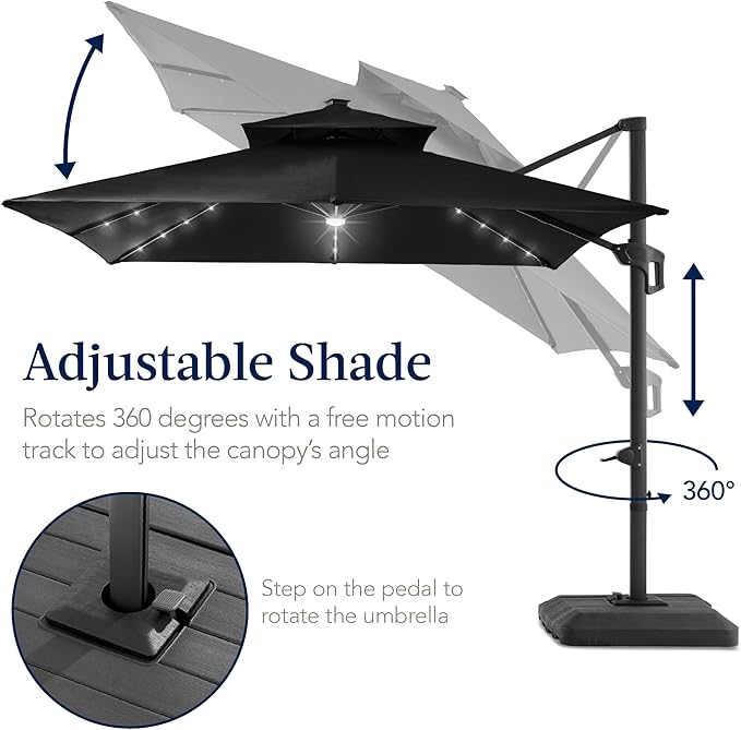 Best Choice Products 9x12ft LED Cantilever Patio Umbrella w/Base Included & 360° Rotation, Large Solar Offset Hanging Outdoor Sun Shade for Deck, Backyard Table w/Stand & Lights – Black