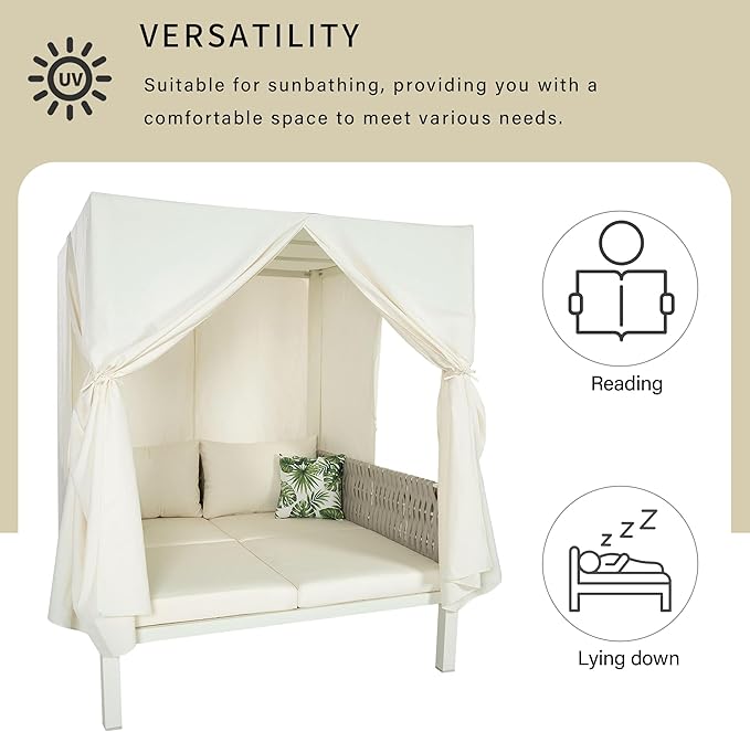Merax Outdoor Patio Daybed with Soft Thick Cushions, Two Pillows and Curtains, Double Chaise Lounge Sunbed with Rubber Core Rope Backrest for Outside Pool,Garden,Backyard,Lawn, Beige