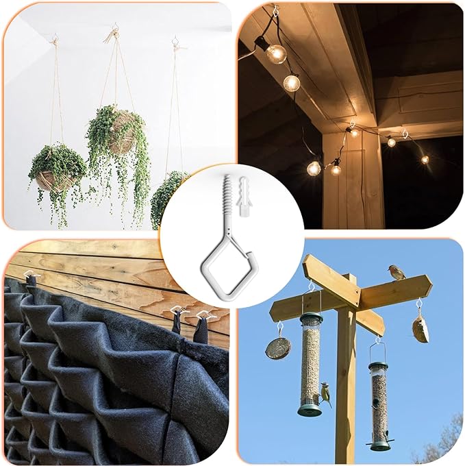 2.2" Screw in Hooks with Safety Buckle Design for Hanging Outdoor String Lights, Plant, Flowers, Heavy Duty Outdoor Garden Lights Q-Hooks, Wall Mount Ceiling Mount (10Pack White)