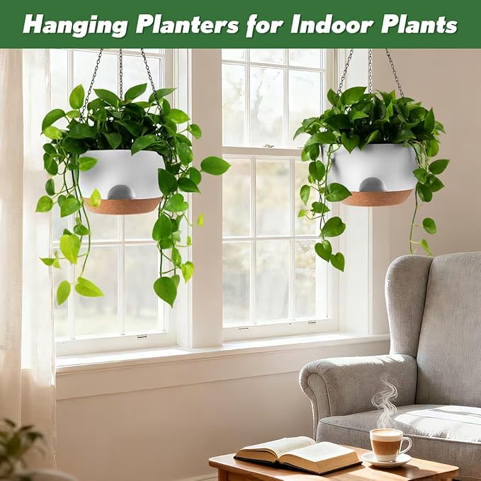 4-Piece Set of 8-Inch Hanging Planters with Automatic Watering System and Drip Tray, Includes Metal Chain, Suitable for Various Indoor and Outdoor Plants and Flowers, White Brown