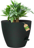 12 Inch Large Self Watering Pots, Flower Pots with Multi-Mesh Drainage Holes and Saucer, Planters for Indoor and Outdoor Garden Plants (Black with Green Speckles)