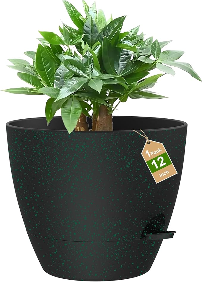 12 Inch Large Self Watering Pots, Flower Pots with Multi-Mesh Drainage Holes and Saucer, Planters for Indoor and Outdoor Garden Plants (Black with Green Speckles)