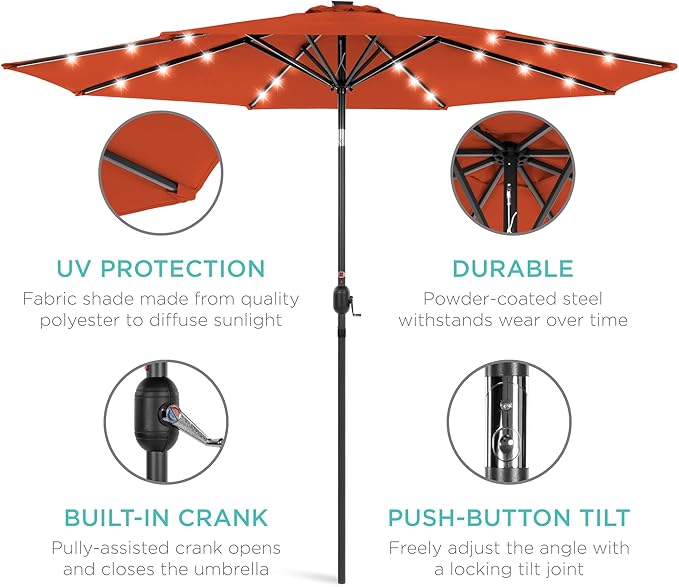 Best Choice Products 10ft Solar Polyester LED Lighted Patio Umbrella w/Tilt Adjustment and UV-Resistant Fabric