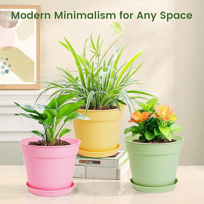 20 Pack 6 Inch Plant Pots with Drainage and Saucers, White Plastic Flower Pots for Indoor and Outdoor Plants, Stackable Nursery Planters for Houseplants and Herbs, Colorful