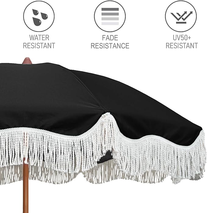 AMMSUN Boho Fringe Umbrella Outdoor Patio, 6.5ft UPF50+ Picnic Umbrella with Tassels with Steel Pole and Push Button Tilt, Noble Black