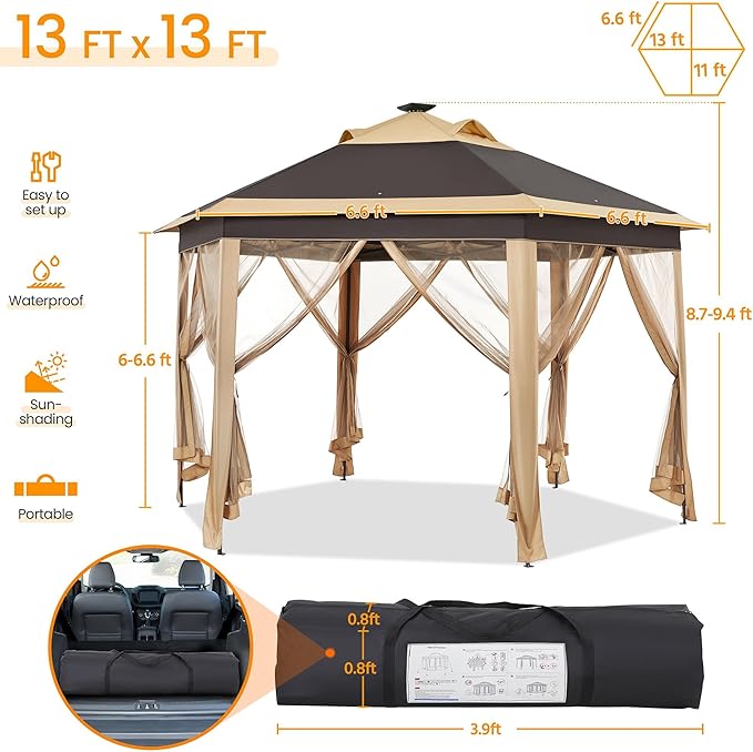 Yaheetech 13×13 Pop-Up Patio Gazebo Tent W/Mesh Netting Sides & 25 Solar LED Lights, Hexagonal Double Vented 3 Height Adjustable Gazebo with Storage Bag for Backyard, Garden, Lawn, Khaki & Brown