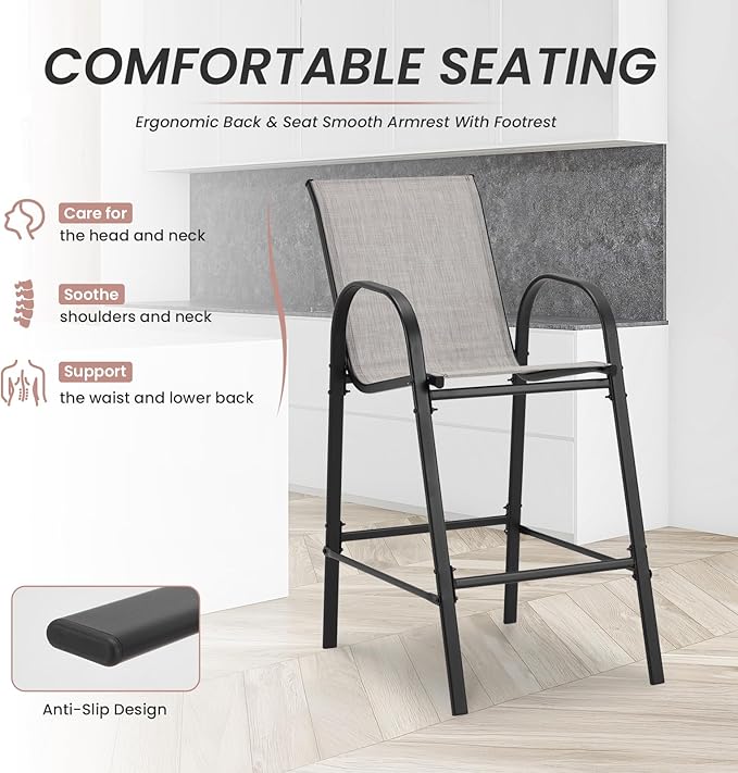 HOMREST Outdoor Bar Height Stools Set of 4,High Back Patio Chairs with Armrests,Textilene Chairs with Breathable Fabric & Metal Frame for All Weather,Light Grey
