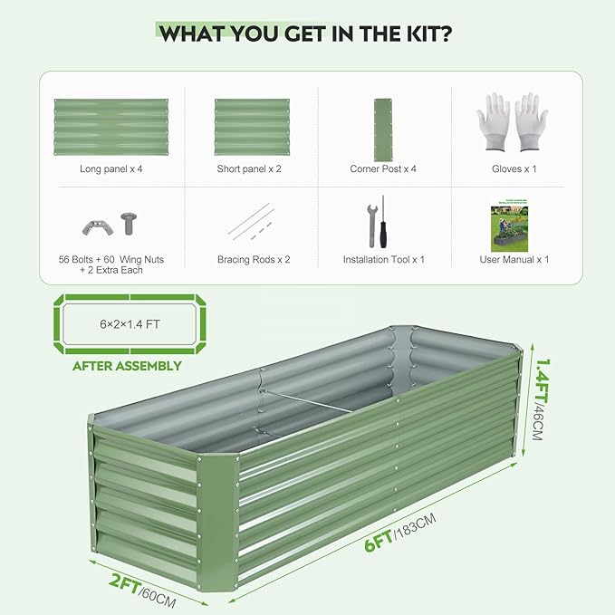 ZORMY 6×2×1.4ft Galvanized Raised Garden Bed Kit, Metal Planter Boxes Outdoor, High Raised Beds for Vegetables, Fruits, and Flowers - LotusGreen