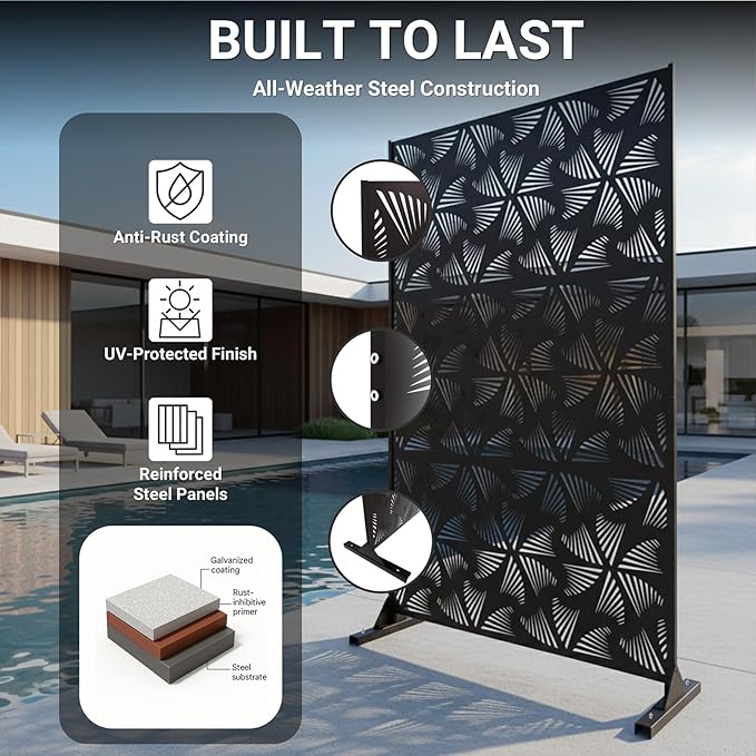72in Metal Privacy Screen Outdoor Decorative Panel – Freestanding Rustproof Steel Patio Divider for Garden, Backyard, or Balcony, Modern Laser Cut Design for Stylish Privacy & Outdoor Decor