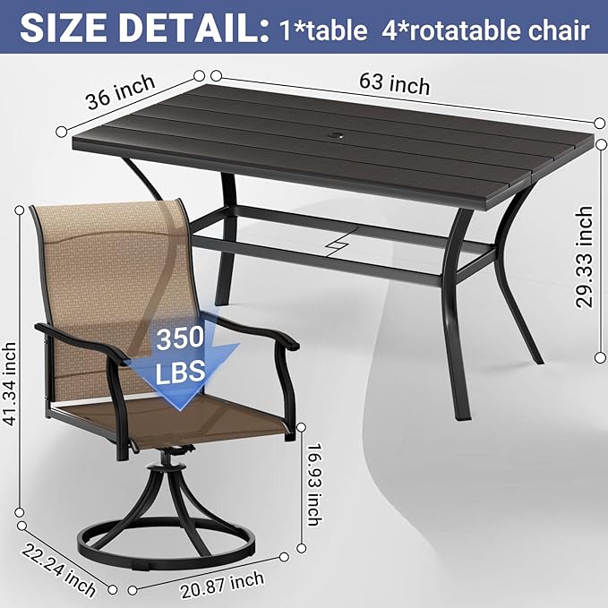 LEVELEVE 7 Piece Outdoor Patio Dining Set with 6 Swivel Dining Chairs & 1 Large Round Dining Table,Bistro Furniture Set for Lawn, Garden, Deck, Backyard and Porch