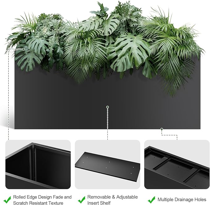 Metal Large Planter Box 15" W x 38" L x 16.25" H, Heavy Duty Tall Rectangle Outdoor Planter Box with Removable Insert Shelves for Porch, Garden, Patio, Yard (Black)