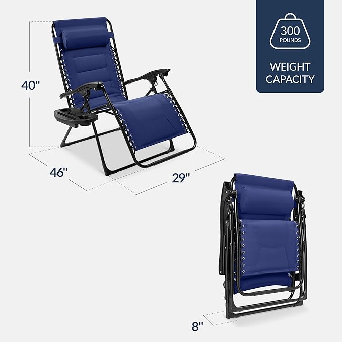 Best Choice Products Oversized Padded Zero Gravity Chair, Folding Outdoor Patio Recliner, XL Anti Gravity Lounger for Backyard w/Headrest, Cup Holder, Side Tray, Polyester Mesh - Cobalt Blue