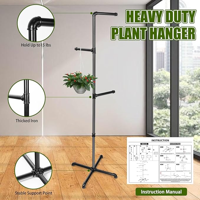 Hanging Plant Stand, Plant Hanger Indoor, Corner Hanging Plant Stand, Black Metal Holder for Bedroom, Living Room, Garden, Balcony