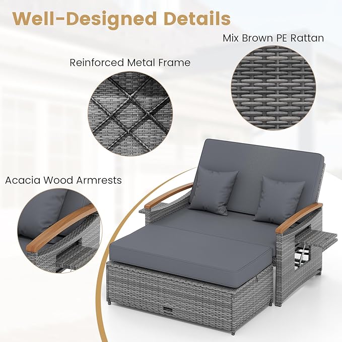 Tangkula Patio Rattan Daybed with 4-Level Adjustable Backrest, Outdoor Wicker Loveseat with Acacia Wood Armrest, Storage Ottoman & Folding Tray, Double Sunbed for Balcony, Backyard & Poolside (Grey)