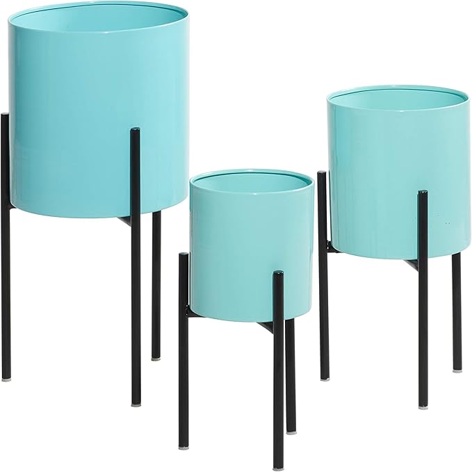 Deco 79 Metal Indoor Outdoor Planter Minimalistic Large Planter Pot with Black Removable Stand, Set of 3 Planters 12", 14", 18"H, Teal