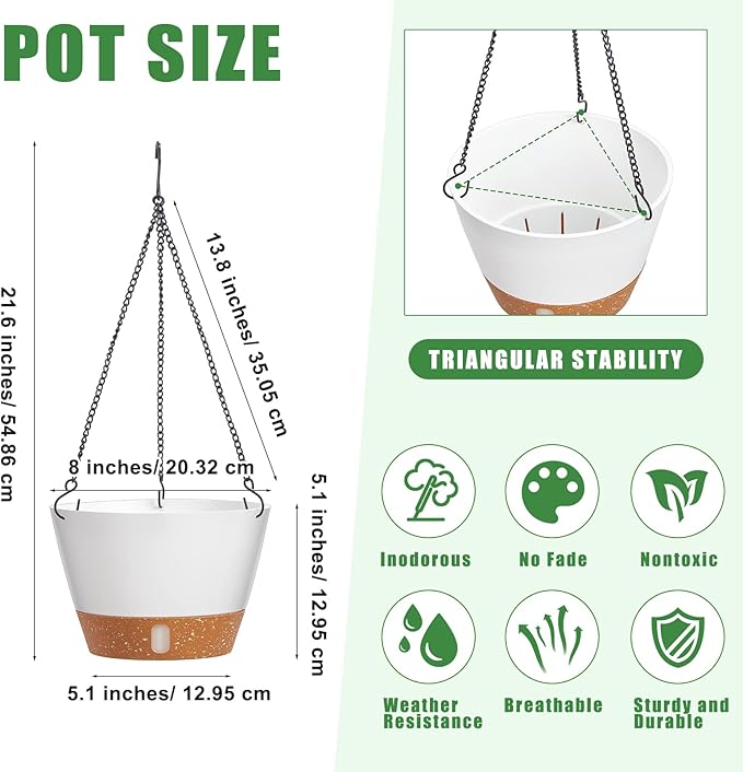 Amyhill 6 Pcs 8 Inch Hanging Planter for Indoor Plants Self Watering Hanging Pot Baskets with Drainage Hole Visible Water Level Tray with Hooks for Garden Outdoor(White)
