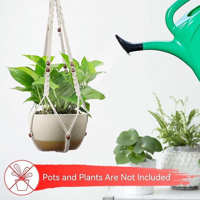 USLAI Macrame Plant Hanger Indoor Outdoor, Fits 4 to 15 Inch Pots, Strong Hanging Planter Holder, Boho Home Decor, 35+35 Inch, Ivory+Red Bead, Set of 2 (POTS NOT Included)