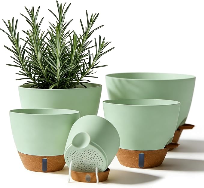 7/6.5/6/5.5/5 Inch Self Watering Pots, Plastic Flower Pots with Multi Mesh Drainage Holes and Deep Reservoir for Indoor Outdoor Garden Plants and Flowers (Green, 5/5.5/6/6.5/7)