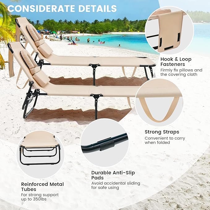 GYMAX Tanning Chair, 350lbs Beach Lounge Chair with Face Hole, Detachable Washable Pillow & Carry Strap, Adjustable Folding Chaise Lounge, Layout Chair for Outside, Patio, Poolside, Lawn (1, Beige)