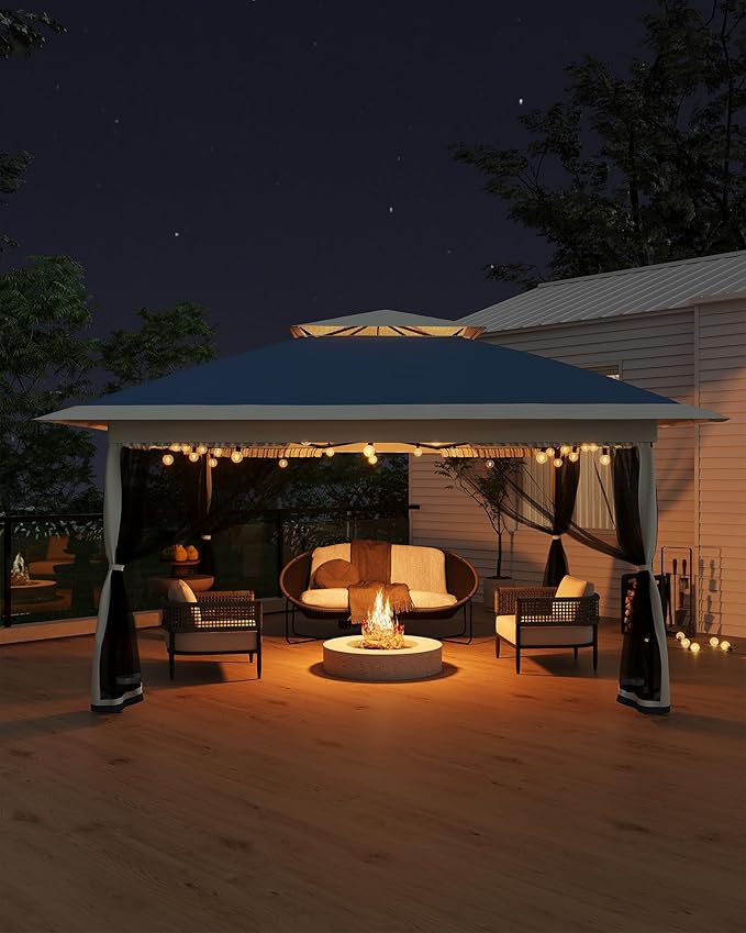 Canopy Tent 12x12 ft, Pop Up Gazebo One-Push Setup with 4 SandBags for Backyard Parties and BBQs, Mosquito Netting & Height Adjustable - Navy Blue