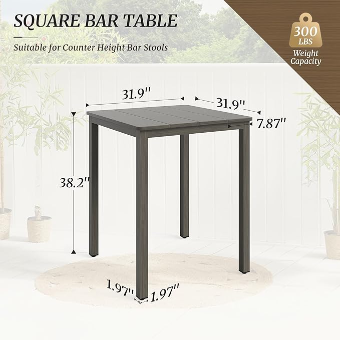 Outdoor Bar Table, 32" Square Patio Bar Height Counter Pub Table, Waterproof Aluminum Top, Weather Resistant, Balcony, Yard, Indoor or Outdoor Use, Slate Gray