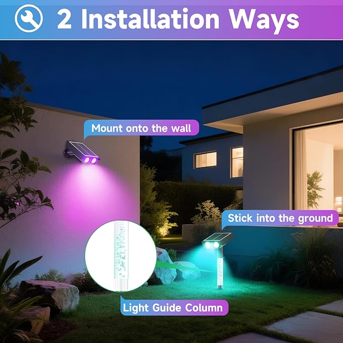 RGB Solar Spot Lights Outdoor with PC Light Guide Column, 8 Lighting Modes Christmas Landscape Lighting, IP65 Waterproof Solar Color Changing Lights Outdoor for Garden Yard Tree Pathway, 6Pack