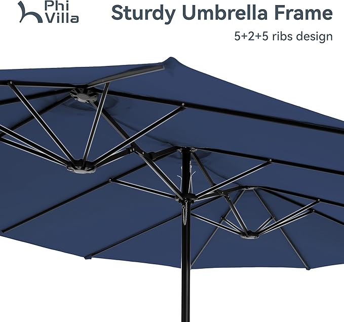 PHI VILLA 15ft Large Patio Umbrellas with Base Included, Outdoor Double-Sided Rectangle Market Umbrella with Crank Handle, for Pool Lawn Garden, Navy Blue