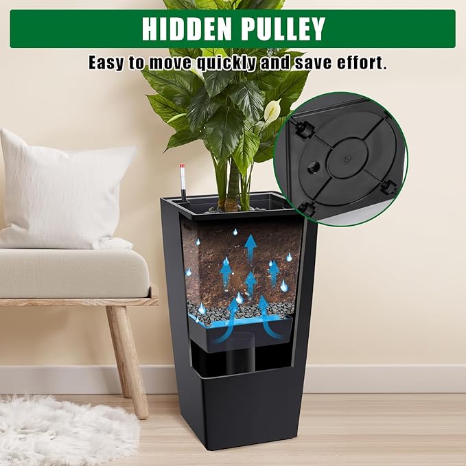 30 Inch Tall Self Watering Planters Set of 2, Outdoor Plant Pots with Automatic Watering System, Water Level Monitor, Drainage, Wheels & Inner Bucket, for Front Porch & Indoor Plants Black