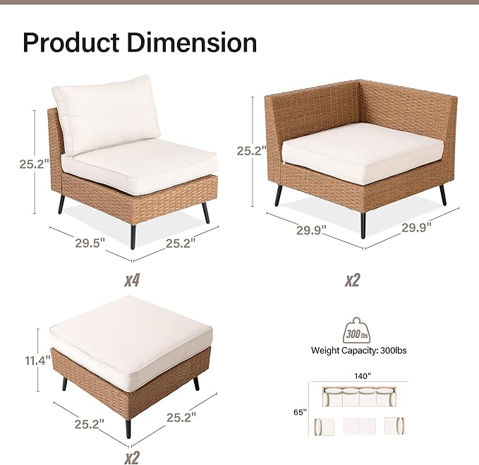 LAUSAINT HOME Outdoor Patio Furniture, 8 Piece Outdoor Sectional Sofa PE Rattan Wicker Patio Conversation Sets,All Weather Patio Furniture Set with Thick Cushions for Garden, Poolside, Backyard(Beige)