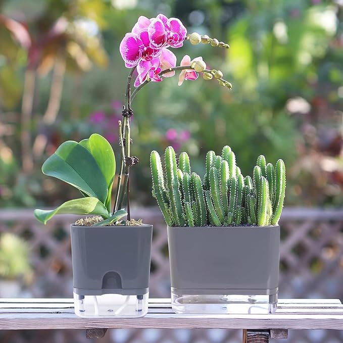 FAMZ Self Watering Pots for Outdoor Plants 4 Pack, Suitable for Indoor and Outdoor Garden Plants and Flowers, Rectangle Planter Box, African Violet Pots, Plant pots, Small Planter (7" Gray)