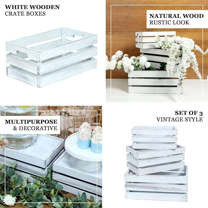 Efavormart Set of 3 Whitewash Wood Planter Crate Boxes with Plastic Liners, DIY Rustic Square Wooden Nesting Boxes for Farmhouse Table Centerpieces and Wedding Decor