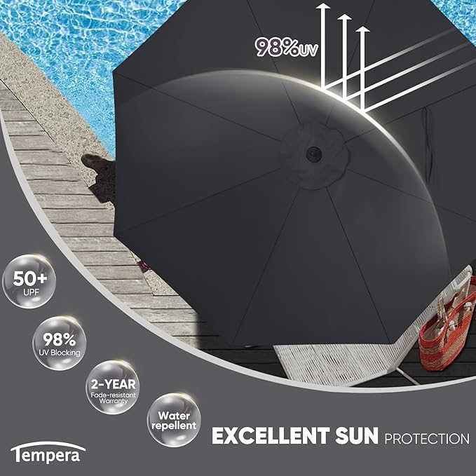 Tempera Patio Market Outdoor Table Umbrella with Auto Tilt and Crank, Large Sun Umbrella with Sturdy Pole & Fade Resistant Canopy, Easy to Set