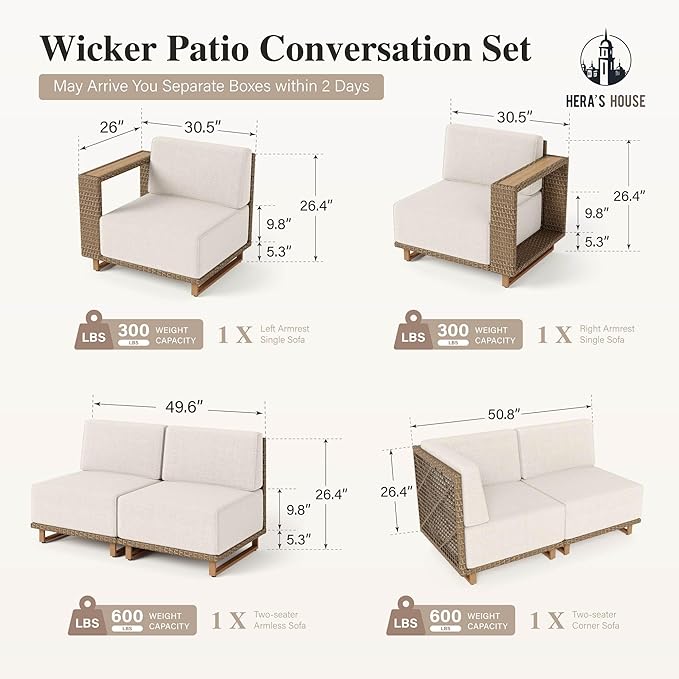 HERA'S HOUSE 6 Pieces Sectional Patio Furniture Set, All Weather Patio Conversation Set, Outdoor Rattan Wicker Sofa with 5.3" Widened Armrest, Patio Couch, 10" Ultra Thick Comfy Sponge Cushion