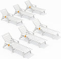 SERWALL Patio Chaise Lounge Chair Set of 6, 5 Positions Adjustable Poly Outdoor Lounger for Pool, HDPE Lounge Chair with Rolling Wheels & Cup Holder for Poolside, Deck, White