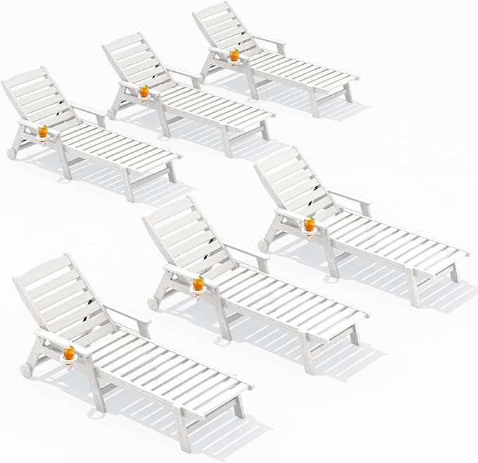 SERWALL Patio Chaise Lounge Chair Set of 6, 5 Positions Adjustable Poly Outdoor Lounger for Pool, HDPE Lounge Chair with Rolling Wheels & Cup Holder for Poolside, Deck, White