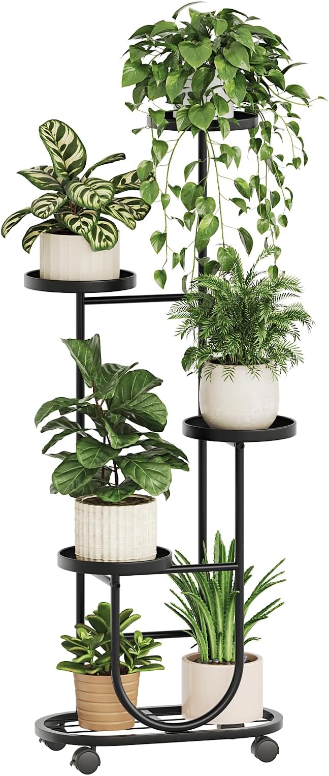 Bamworld Tall Plant Stand Indoor Outdoor Plant Stand with Wheels Heavy Duty Metal Plant Shelf for Multiple Plants Flower Stands for Patio Corner Garden Living Room Balcony, Black