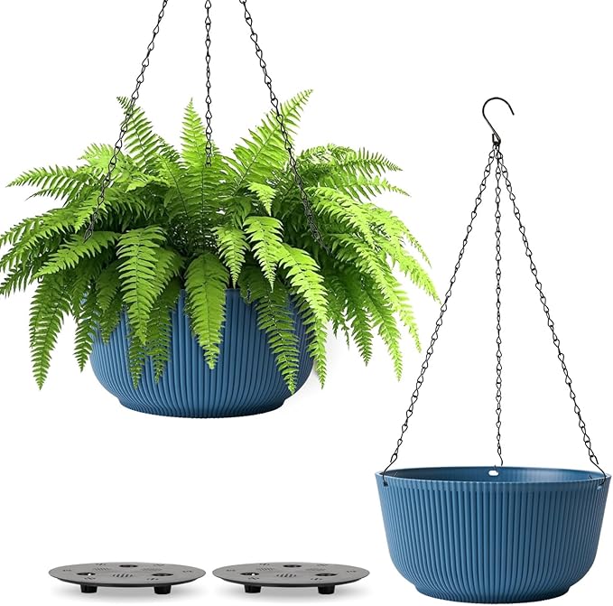 T4U 8 Inch Hanging Planters for Indoor Outdoor Plants, Self Watering Hanging Pot Pack of 2, Hanging Pots with Drainage Hole & Plug & Chain with 3 Hooks for Garden Home Decor, Blue