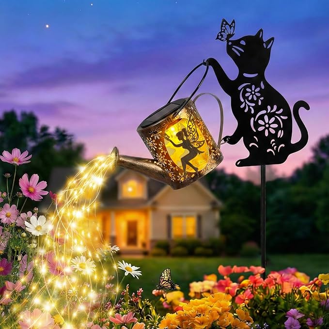 Solar Watering Can Lights with Fairy & Flowers, Outdoor Garden Decor with Cascading String Lights, Waterproof Solar Powered Hanging Lantern for Patio Yard Pathway, Gift for Mom Cat Lovers Gardeners
