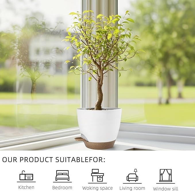 Plant Pots 8/7.5/7/6.5/6 Inch Self Watering Pots,5 Pack Planters with Drainage Holes and Saucers,Plastic Flower Pots,Nursery Planters for Indoor Outdoor Plants (White)
