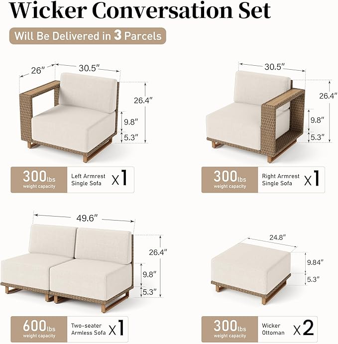 Sectional Outdoor Patio Furniture,U Shaped Rattan Wicker Sectional Sofa with 10''Ultra-Thick Cushions,All Weather Patio Conversation Set for Lawn Garden Backyard,Beige
