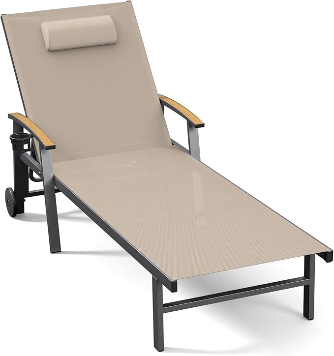 Ciokea Outdoor Lounge Chair with Pillow, 5-Position Aluminum Chaise Lounge with Wheels & Armrests, 400 lbs Heavy Duty Patio Pool Chair for Deck, Backyard, Beach & Poolside, Khaki