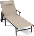 Ciokea Outdoor Lounge Chair with Pillow, 5-Position Aluminum Chaise Lounge with Wheels & Armrests, 400 lbs Heavy Duty Patio Pool Chair for Deck, Backyard, Beach & Poolside, Khaki