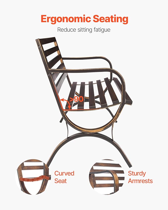 VEVOR Outdoor Bench, 50 inch, Carbon Steel Metal Frame with Slatted Pattern Backrest and Round Edge Armrests, Weatherproof Outside Bench for Patio, Garden, Park, Yard, Front Porch, Antique Bronze