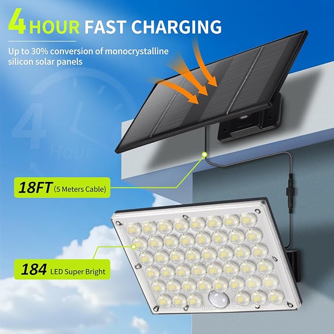 2pack 184 LED Solar Motion Lights Outdoor, Solar Wall Lights Outdoor Waterproof with 3 Modes Adjustable, Dusk to Dawn Solar Powered Security Light, Auto On/Off, for Porch, Patio